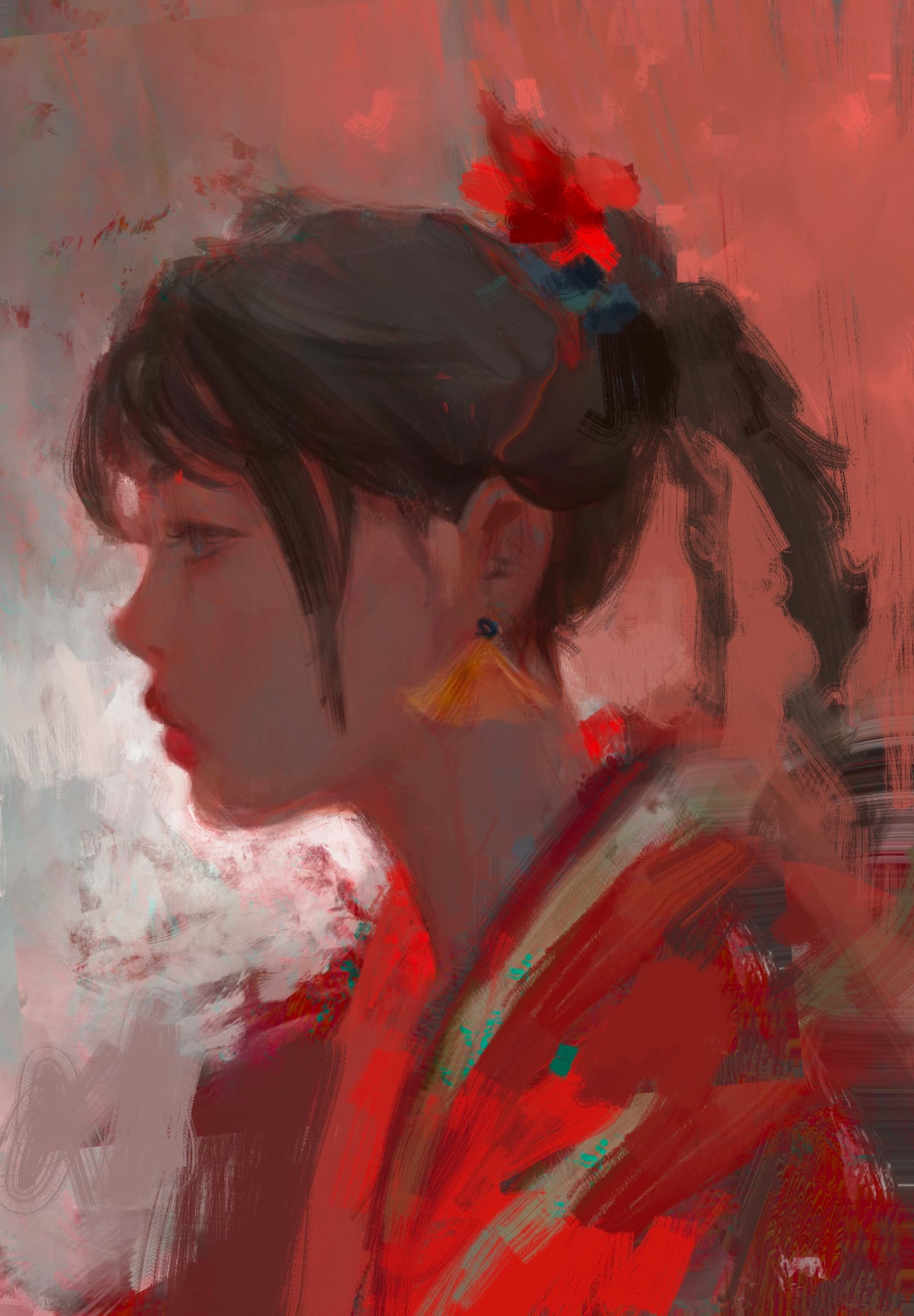 Digital illustration of a girl in a red kimono — character art by KJ Gallego