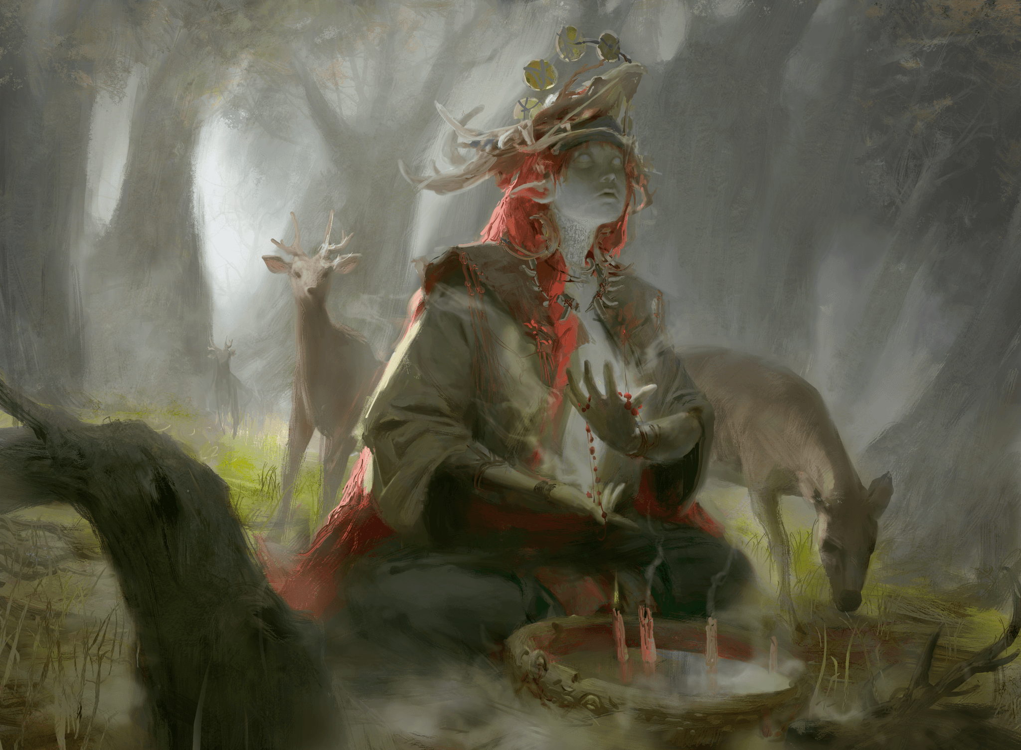 Digital illustration of a woodland shaman character, by KJ Gallego