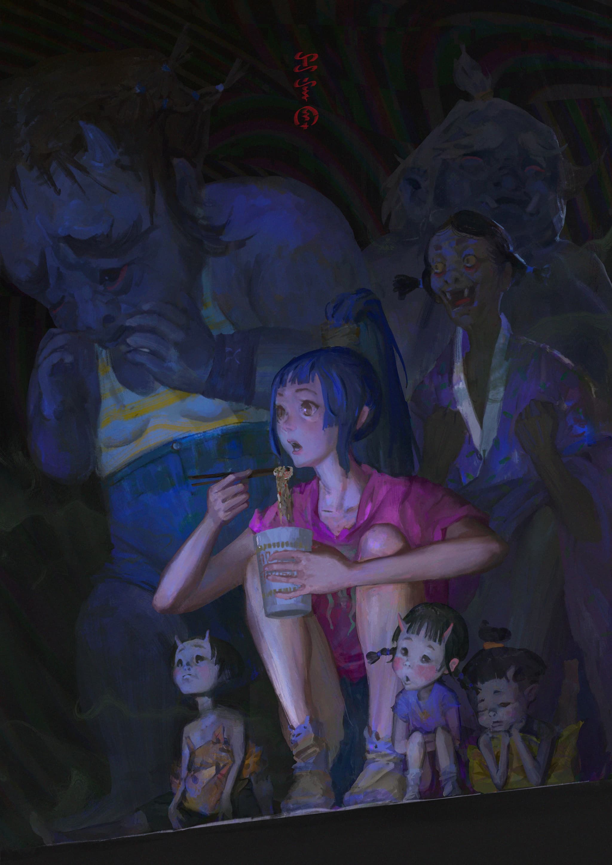 Yokai illustration series — streaming parody scene, digital painting by KJ Gallego