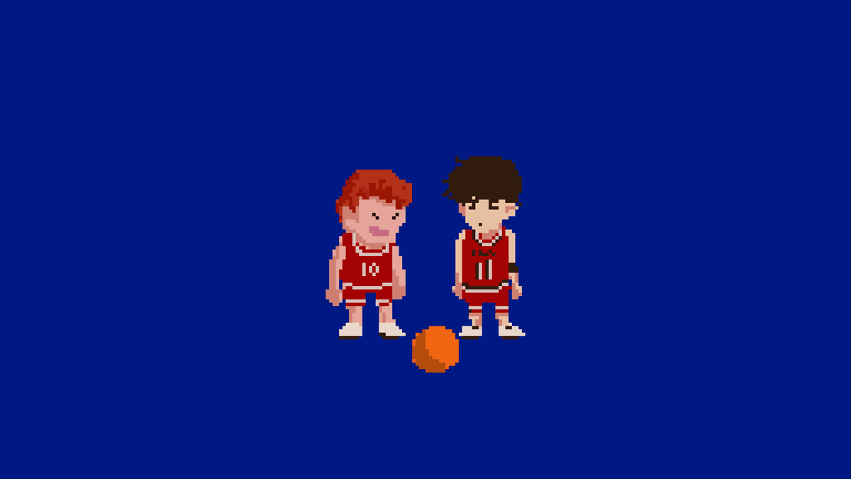 Pixel art of a Slam Dunk basketball anime scene — retro-style illustration by KJ Gallego